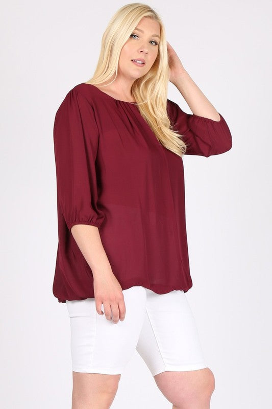 Plus Size 3/4 Sleeve Ruffle Round Neck Shirts