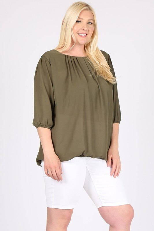 Plus Size 3/4 Sleeve Ruffle Round Neck Shirts