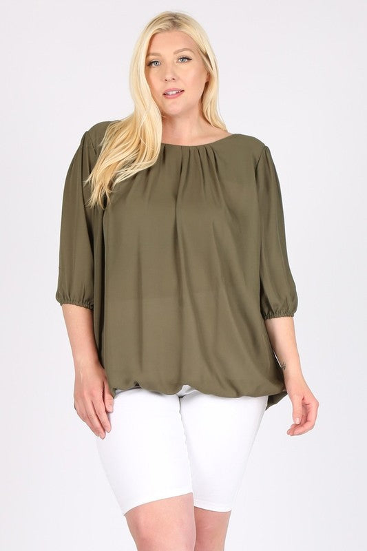 Plus Size 3/4 Sleeve Ruffle Round Neck Shirts