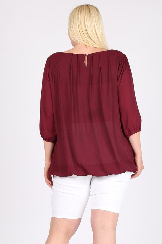 Plus Size 3/4 Sleeve Ruffle Round Neck Shirts