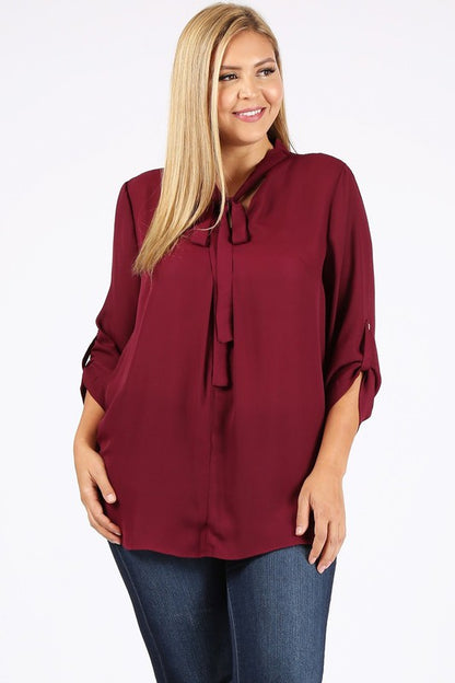 HI Curvy Plus Size  Women Tie V-Neck Relaxed Shirts