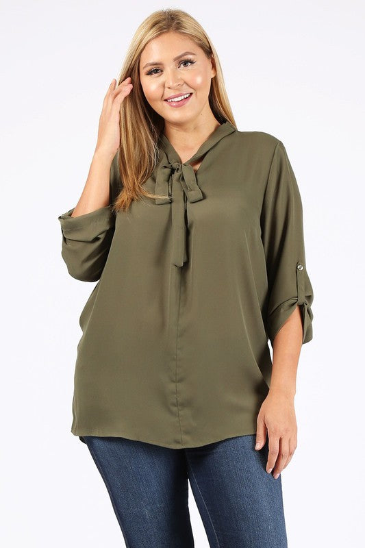 HI Curvy Plus Size  Women Tie V-Neck Relaxed Shirts