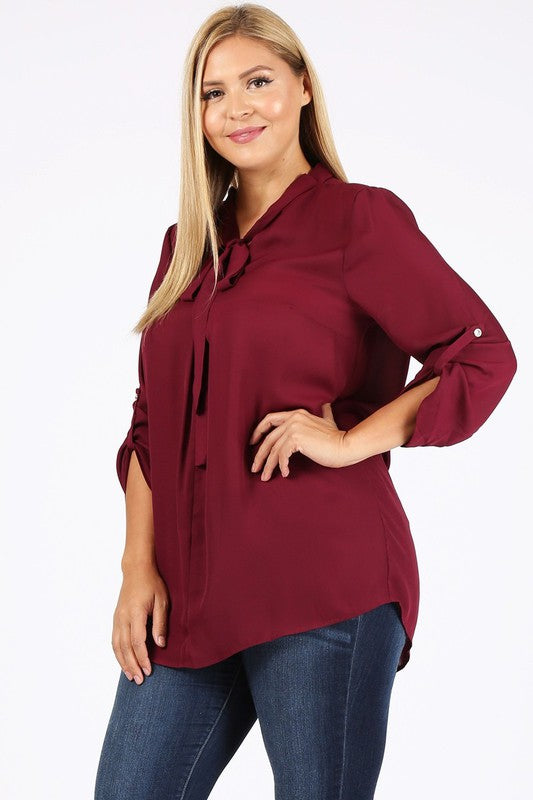 HI Curvy Plus Size  Women Tie V-Neck Relaxed Shirts