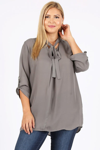 HI Curvy Plus Size  Women Tie V-Neck Relaxed Shirts