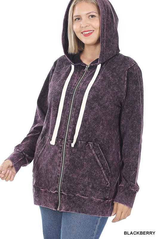 Hi Curvy Plus Size Women Mineral Wash Zippers Hoodie Jacket