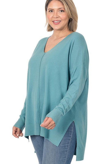 Plus Hi-low Hem V-Neck Center Seam Sweater