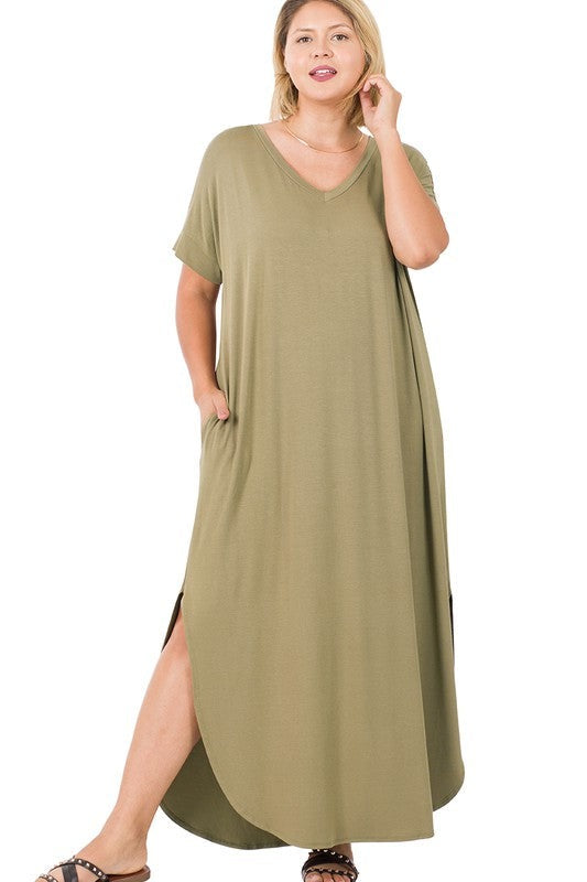 Hi Curvy Plus Size Women Viscose Side Slit V-Neck Maxi Dress