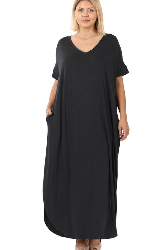 Hi Curvy Plus Size Women Viscose Side Slit V-Neck Maxi Dress