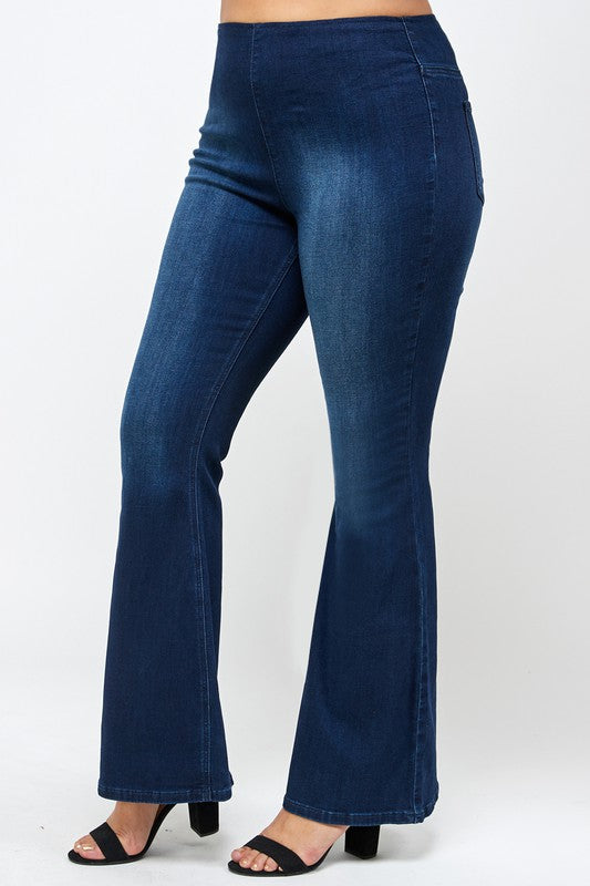 HI Curvy Plus Size Women Mid Rise Banded Wide Flare Jeans