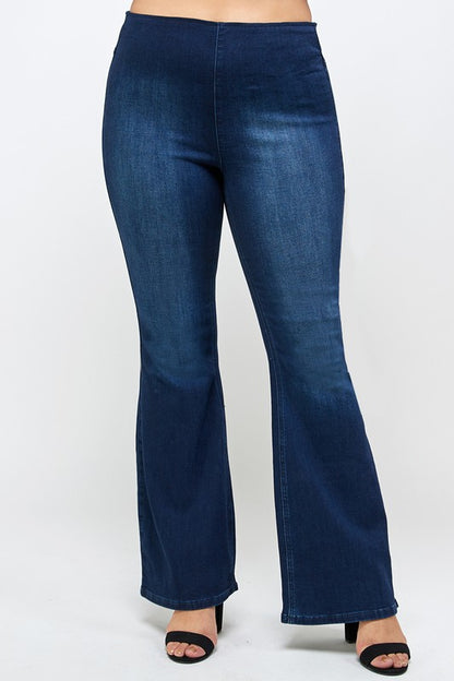 HI Curvy Plus Size Women Mid Rise Banded Wide Flare Jeans