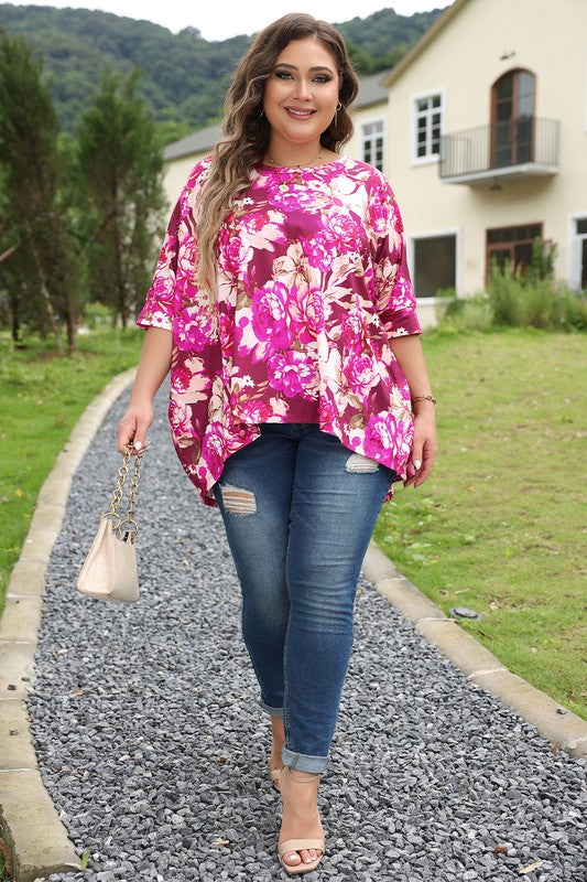 Women Floral Print Short Sleeve Plus Size Blouse