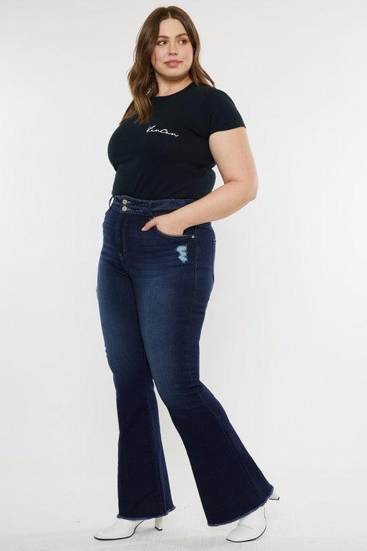 HI Curvy Plus Size Women High Rise Double WB Fray Hem Flare Jeans