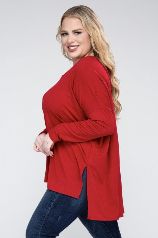 Hi Curvy Plus Size Women Dolman Sleeve V-Neck Side Slit Hi-Low Hem Top