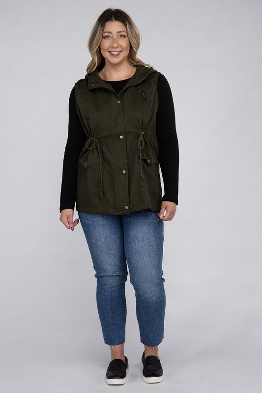 Hi Curvy Plus Size Women Drawstring Waist Military Hoodie Vest