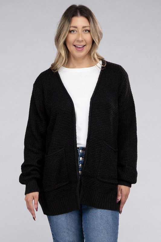 HI Curvy Plus Size Women Low Gauge Waffle Open Cardigan Sweater