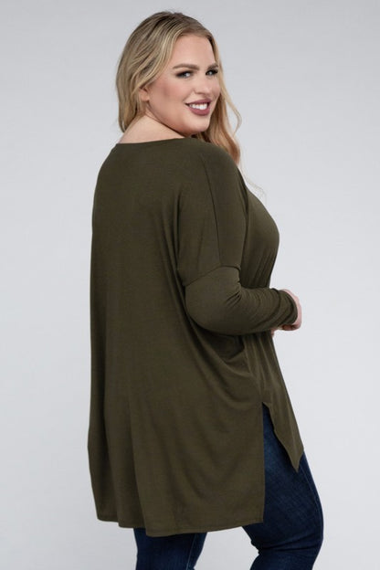 Hi Curvy Plus Size Women Dolman Sleeve V-Neck Side Slit Hi-Low Hem Top