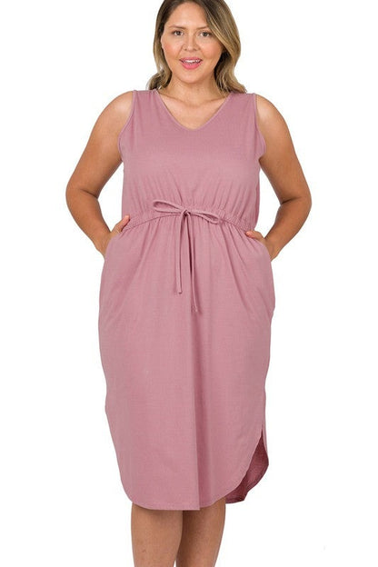 HI Curvy Plus Size Women Drawstring Waist Curved Hem Dress