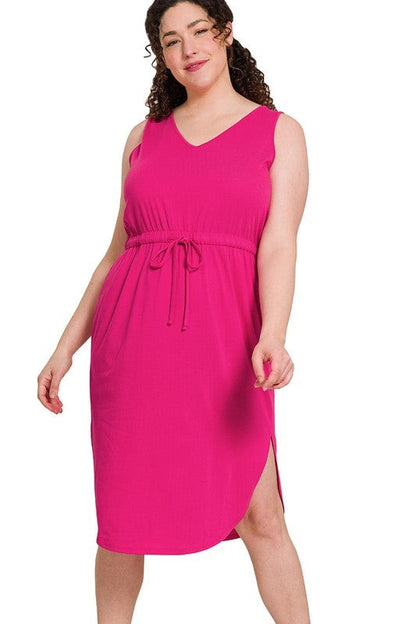 HI Curvy Plus Size Women Drawstring Waist Curved Hem Dress