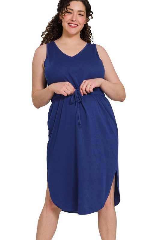 HI Curvy Plus Size Women Drawstring Waist Curved Hem Dress