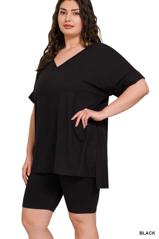 Hi Curvy Plus Size Women Brushed DTY Microfiber V-neck Top & Biker