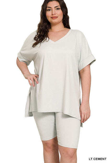 Hi Curvy Plus Size Women Brushed DTY Microfiber V-neck Top & Biker