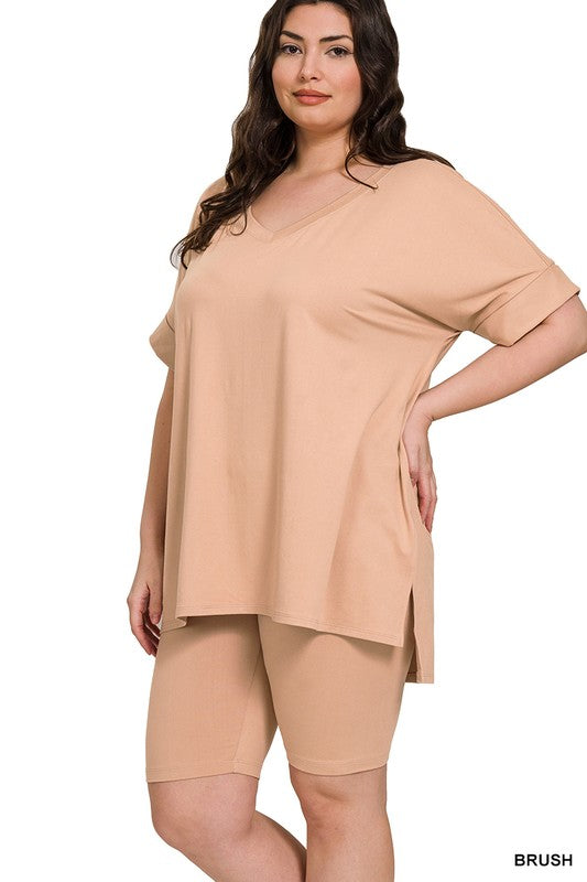 Hi Curvy Plus Size Women Brushed DTY Microfiber V-neck Top & Biker