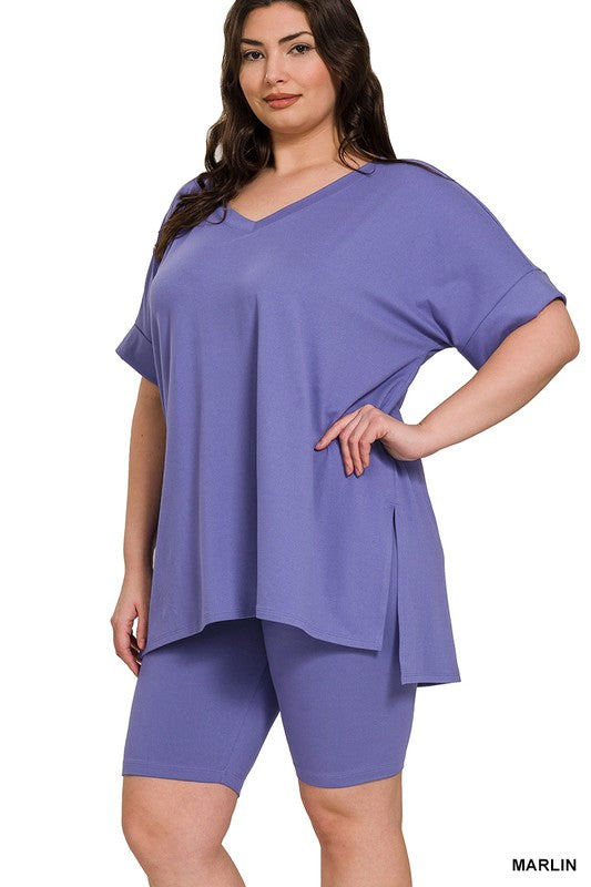 Hi Curvy Plus Size Women Brushed DTY Microfiber V-neck Top & Biker