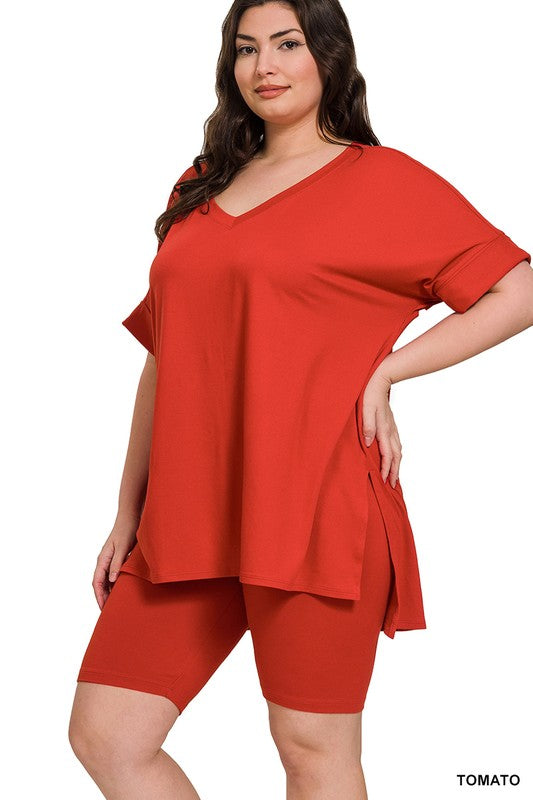 Hi Curvy Plus Size Women Brushed DTY Microfiber V-neck Top & Biker