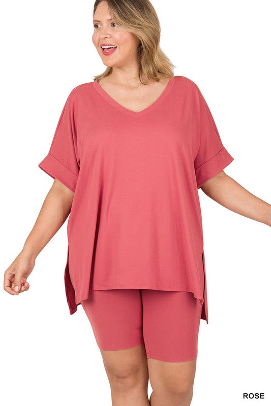 Hi Curvy Plus Size Women Brushed DTY Microfiber V-neck Top & Biker