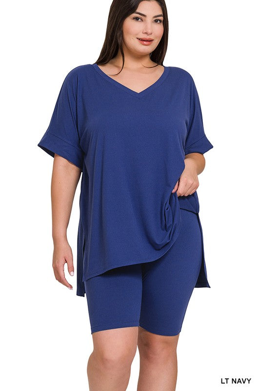 Hi Curvy Plus Size Women Brushed DTY Microfiber V-neck Top & Biker