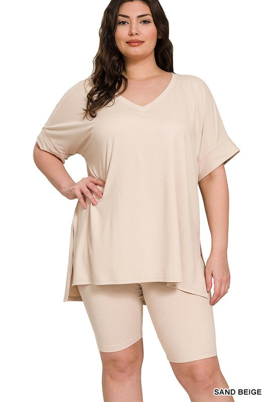 Hi Curvy Plus Size Women Brushed DTY Microfiber V-neck Top & Biker