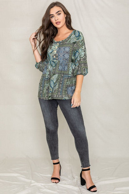 Plus Button Accent Paisley Top