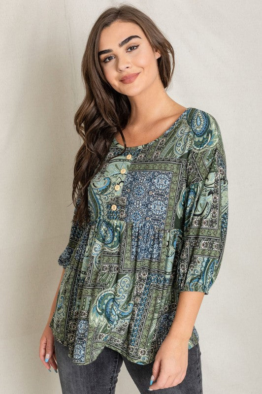 Plus Button Accent Paisley Top