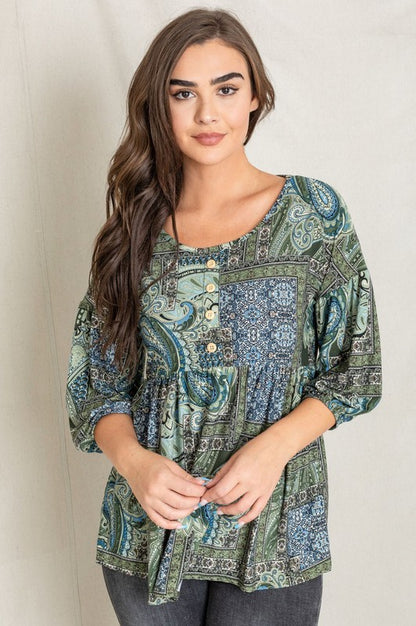 Plus Button Accent Paisley Top