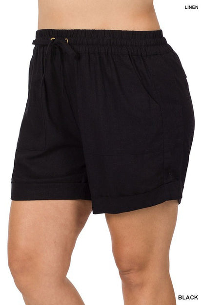 Plus Size Linen Drawstring-Waist Shorts with Pockets