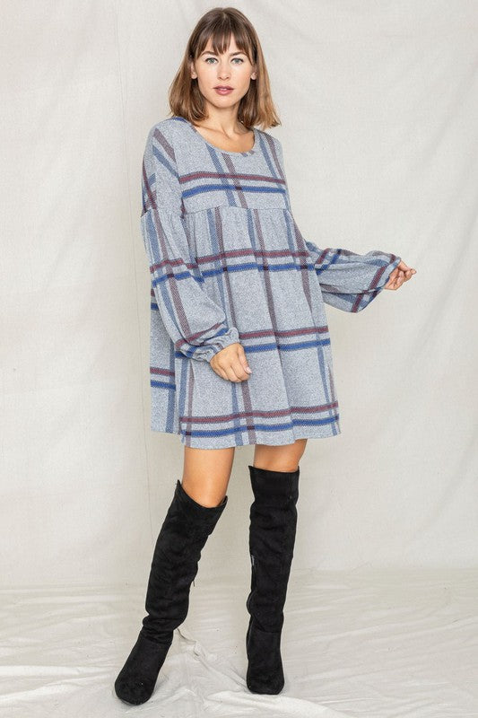 Plus Plaid Empire Waist Balloon Sleeve Mini Dress