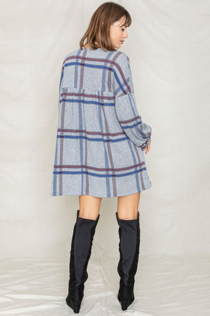 Plus Plaid Empire Waist Balloon Sleeve Mini Dress