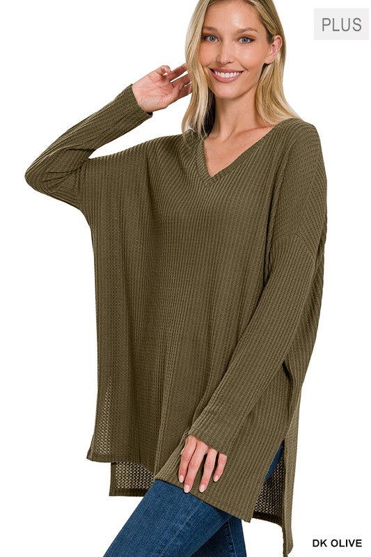 Hi Curvy Plus Size Women Brushed Thermal Waffle V-Neck Sweater