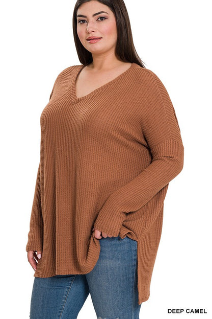 Hi Curvy Plus Size Women Brushed Thermal Waffle V-Neck Sweater