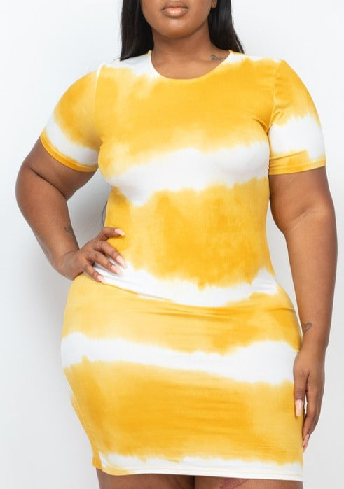 HI Curvy PLUS Size Women Stripe Tie-Dye Printed Midi Dress