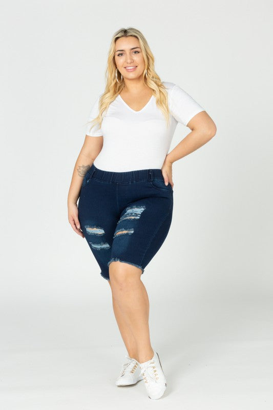 HI Curvy Plus Size Women Hi-Waist Distressed Bermuda Short Jeggings