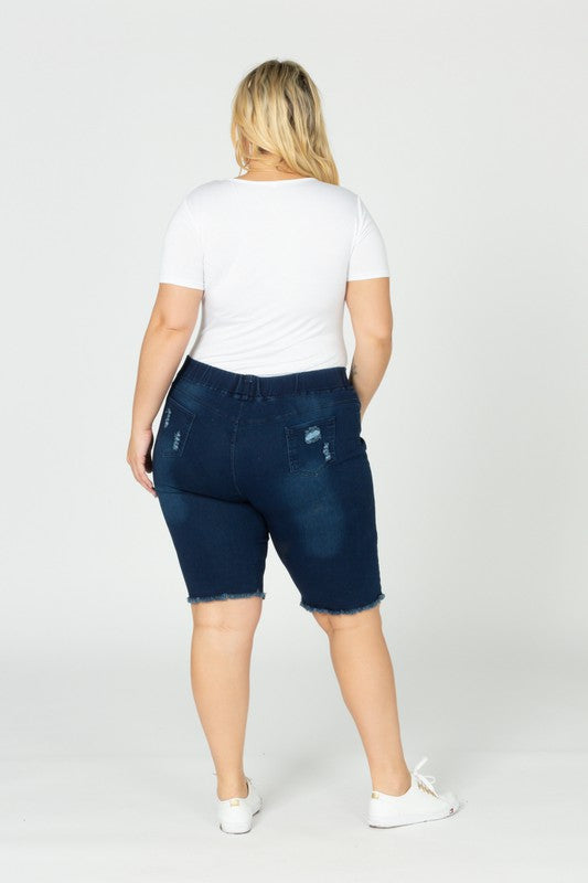 HI Curvy Plus Size Women Hi-Waist Distressed Bermuda Short Jeggings