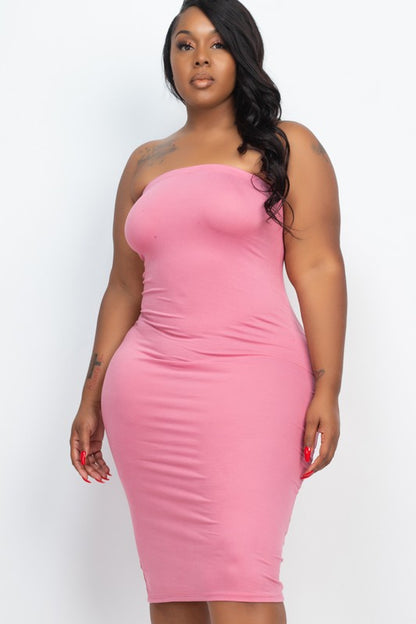 Hi Curvy Plus Size Women Solid Strapless Tube Bodycon Midi Dress