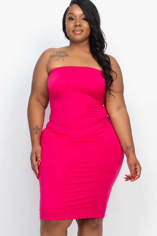 Hi Curvy Plus Size Women Solid Strapless Tube Bodycon Midi Dress