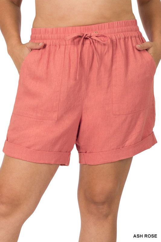 Plus Size Linen Drawstring-Waist Shorts with Pockets