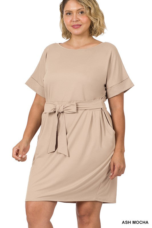 Hi Curvy Plus Size Women Brushed Tie Belt Dress