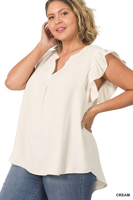 HI Curvy Plus Size Woven Wool Peach Ruffled Sleeve High-Low Top