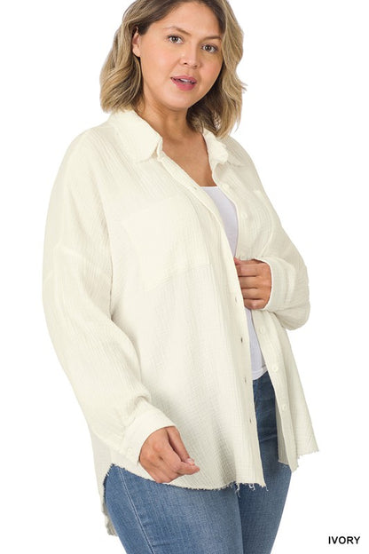 Hi Curvy Plus Size Women Oversized Raw Edge Shirt