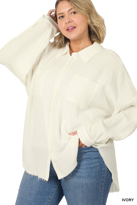 Hi Curvy Plus Size Women Oversized Raw Edge Shirt