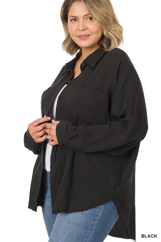 Hi Curvy Plus Size Women Oversized Raw Edge Shirt